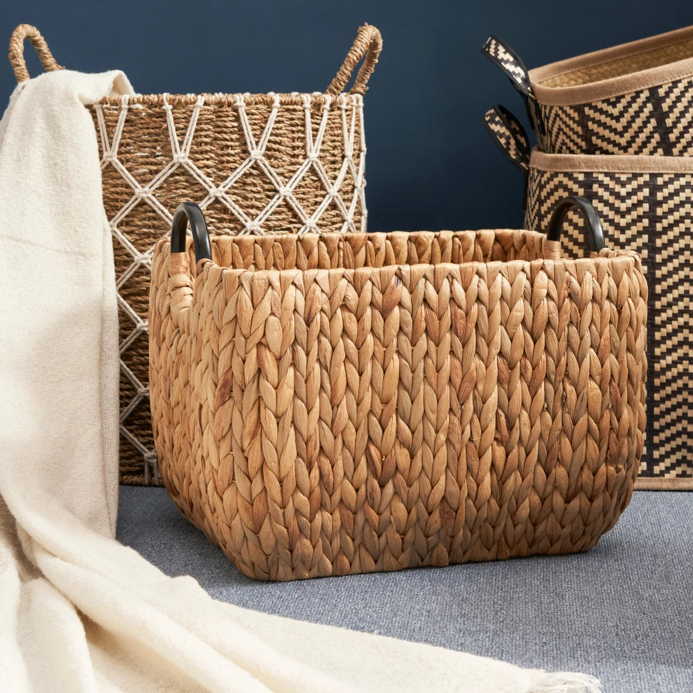 Rectangular Water Hyacinth Woven Storage Baskets With Handles