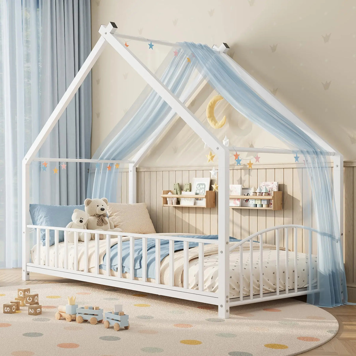 HiMISS Twin House Bed Frame With Safety Rails And Roof