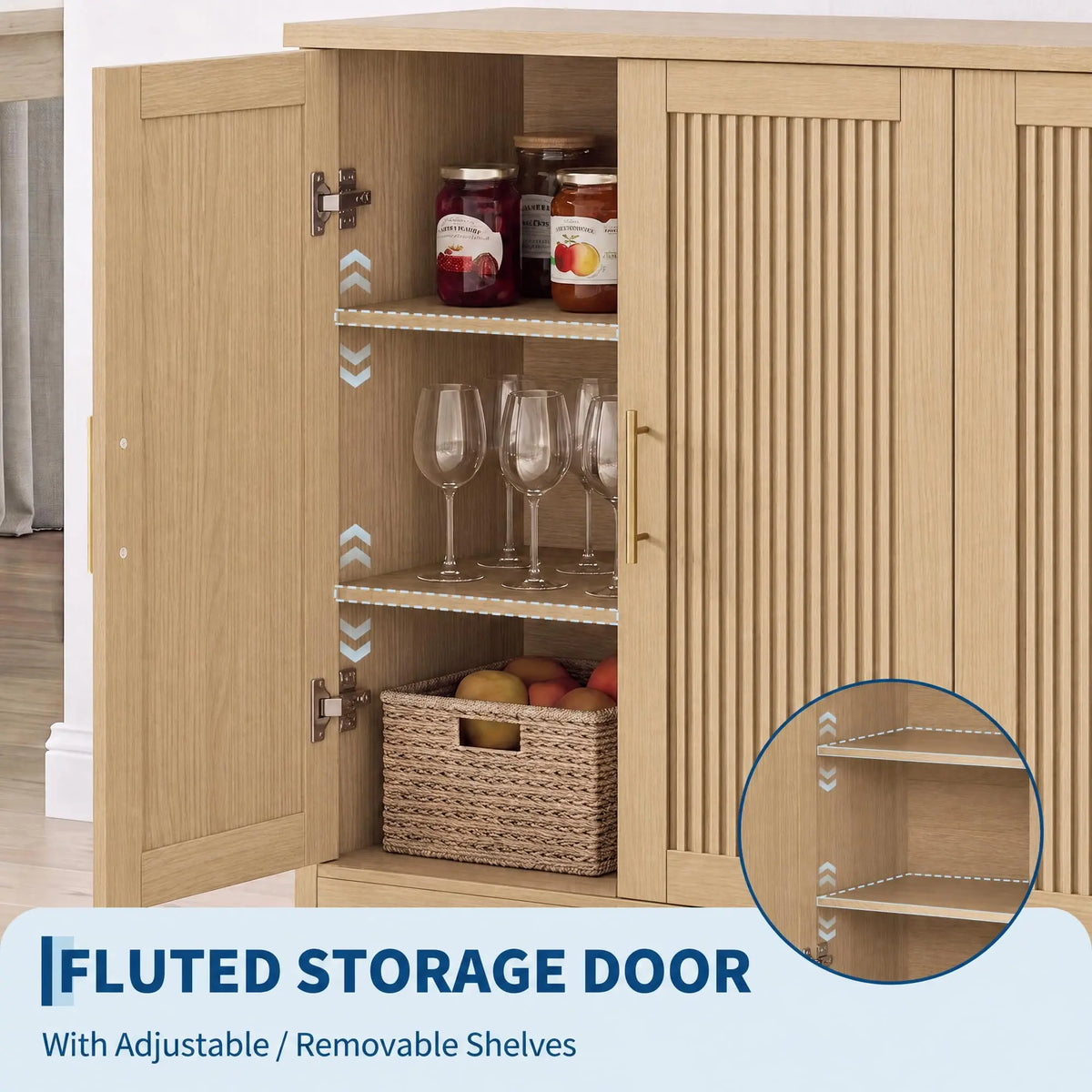 HiMISS Fluted Sideboard Cabinet With Adjustable Shelves And Wine Rack