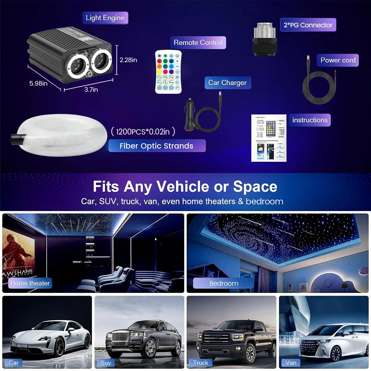 VASTFIRE Twinkle Meteor Fiber Optic Starlight Headliner Light Kit