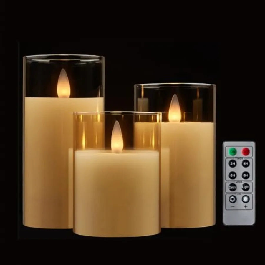 Glass Flameless Pillar Candles With Led Flickering Flames And Remote Timer