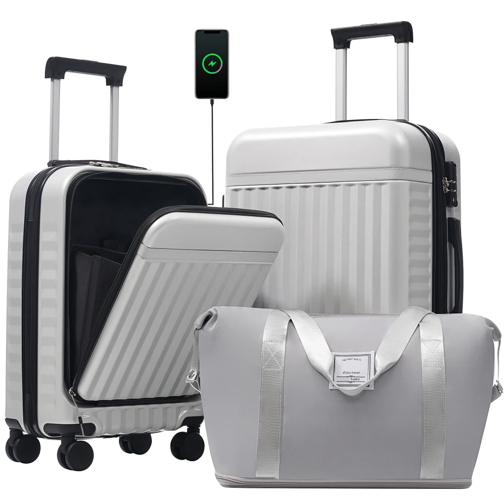Hardside Luggage Set With USB Port Expandable Suitcases And Tote