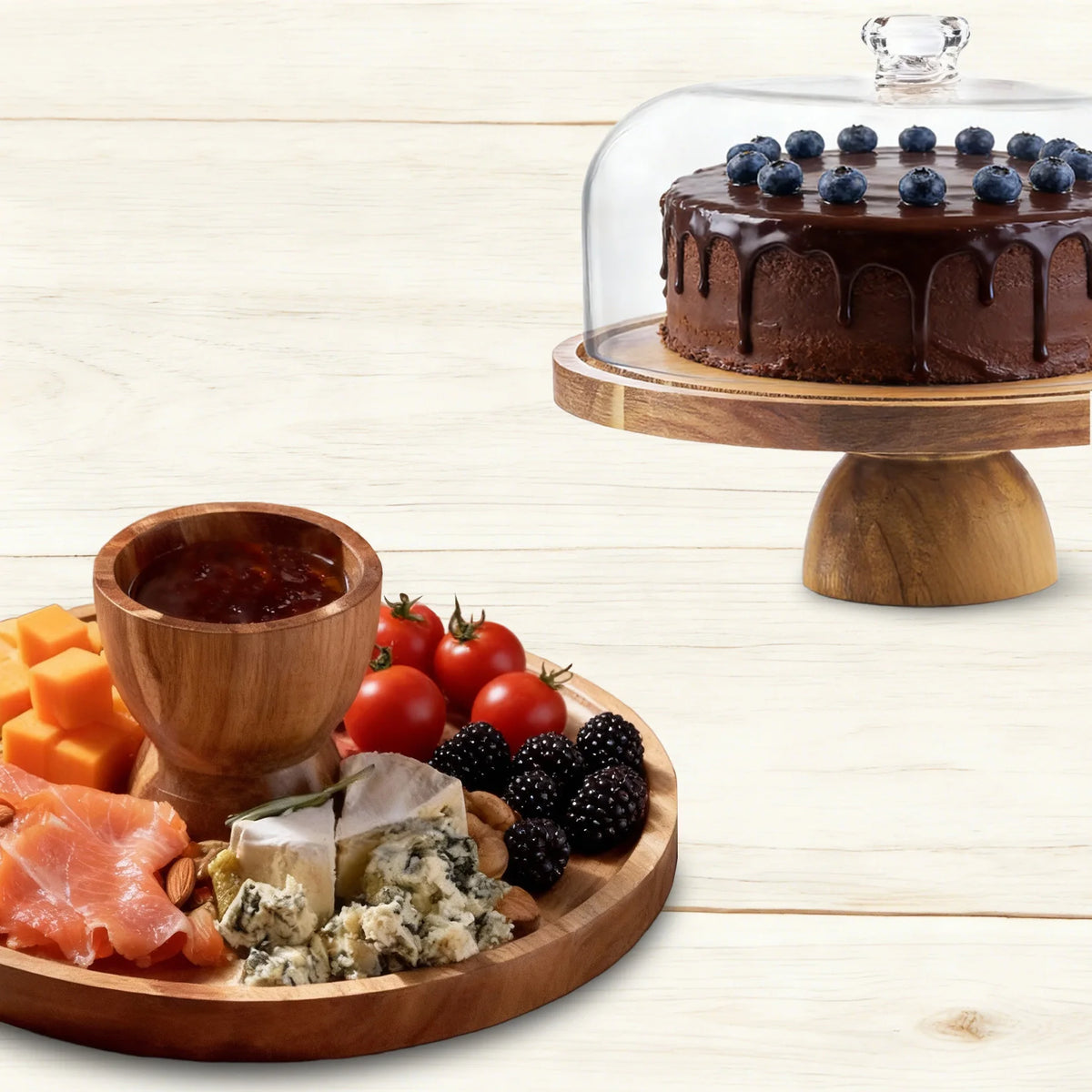 12inch Acacia Wood Cake Stand with Clear Lid, Round Wooden Dessert Display Plate, Food‑Grade Charcuterie Board for Party Wedding Bakery