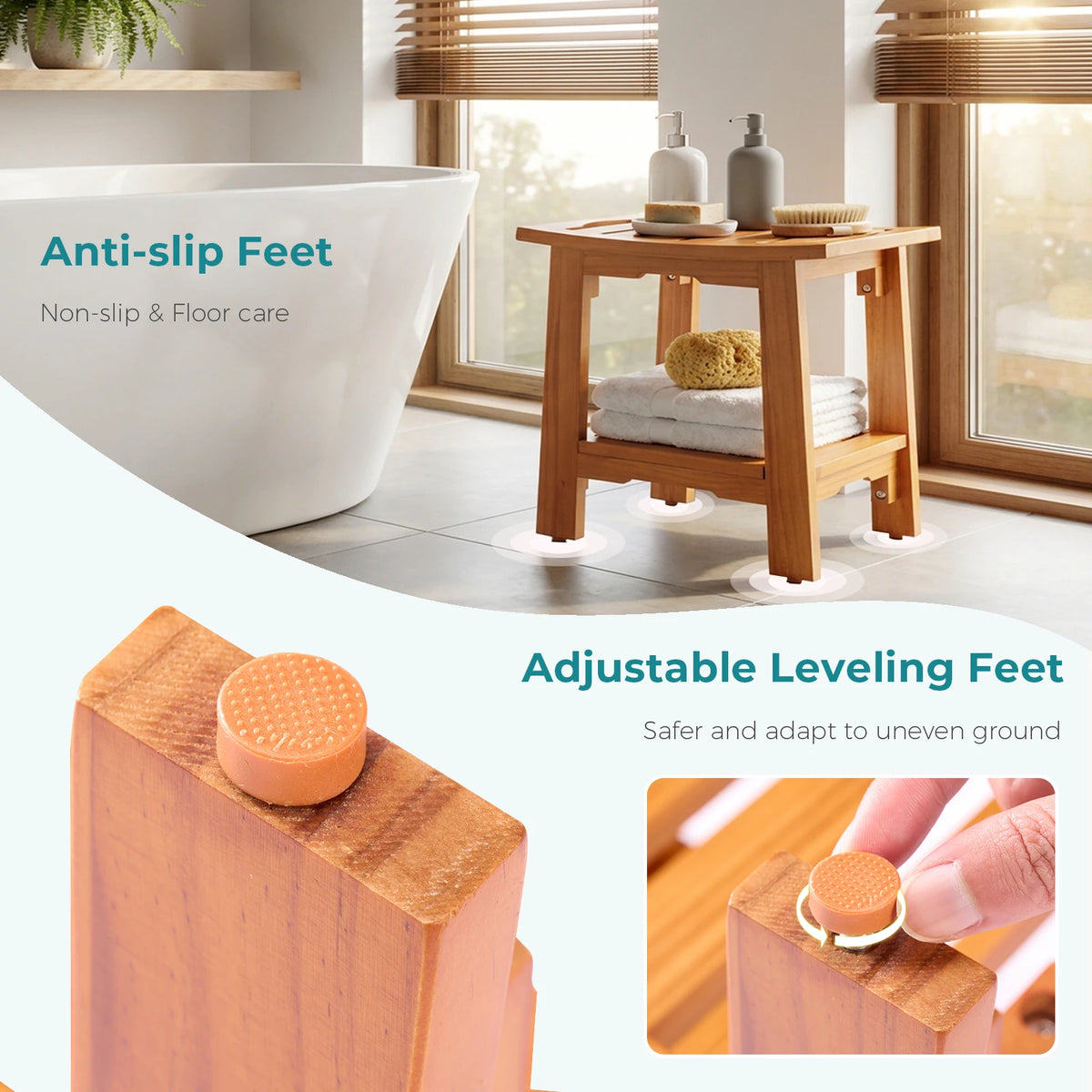 MCQ Wooden Shower Chair With Storage Shelf And Support Handles