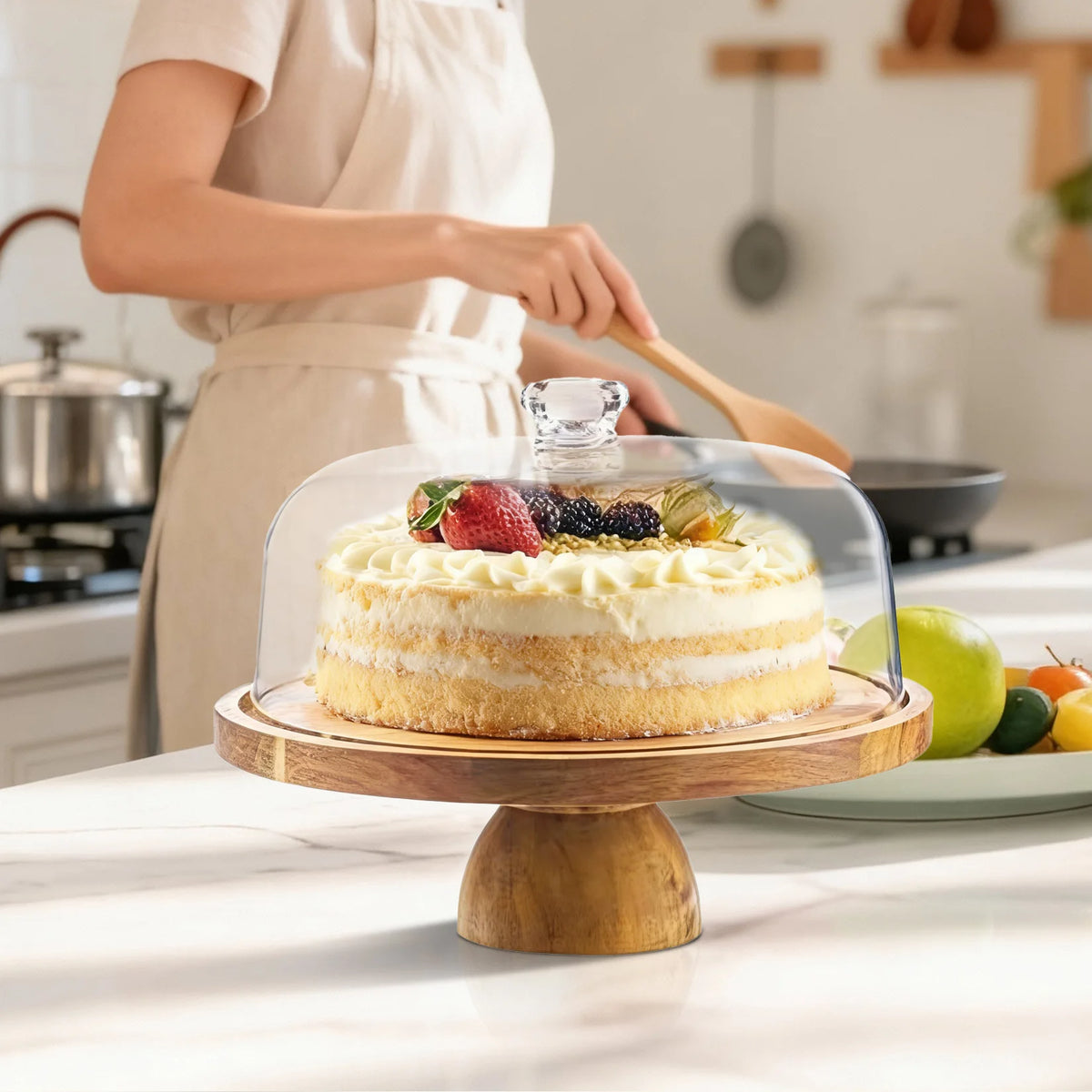 12inch Acacia Wood Cake Stand with Clear Lid, Round Wooden Dessert Display Plate, Food‑Grade Charcuterie Board for Party Wedding Bakery
