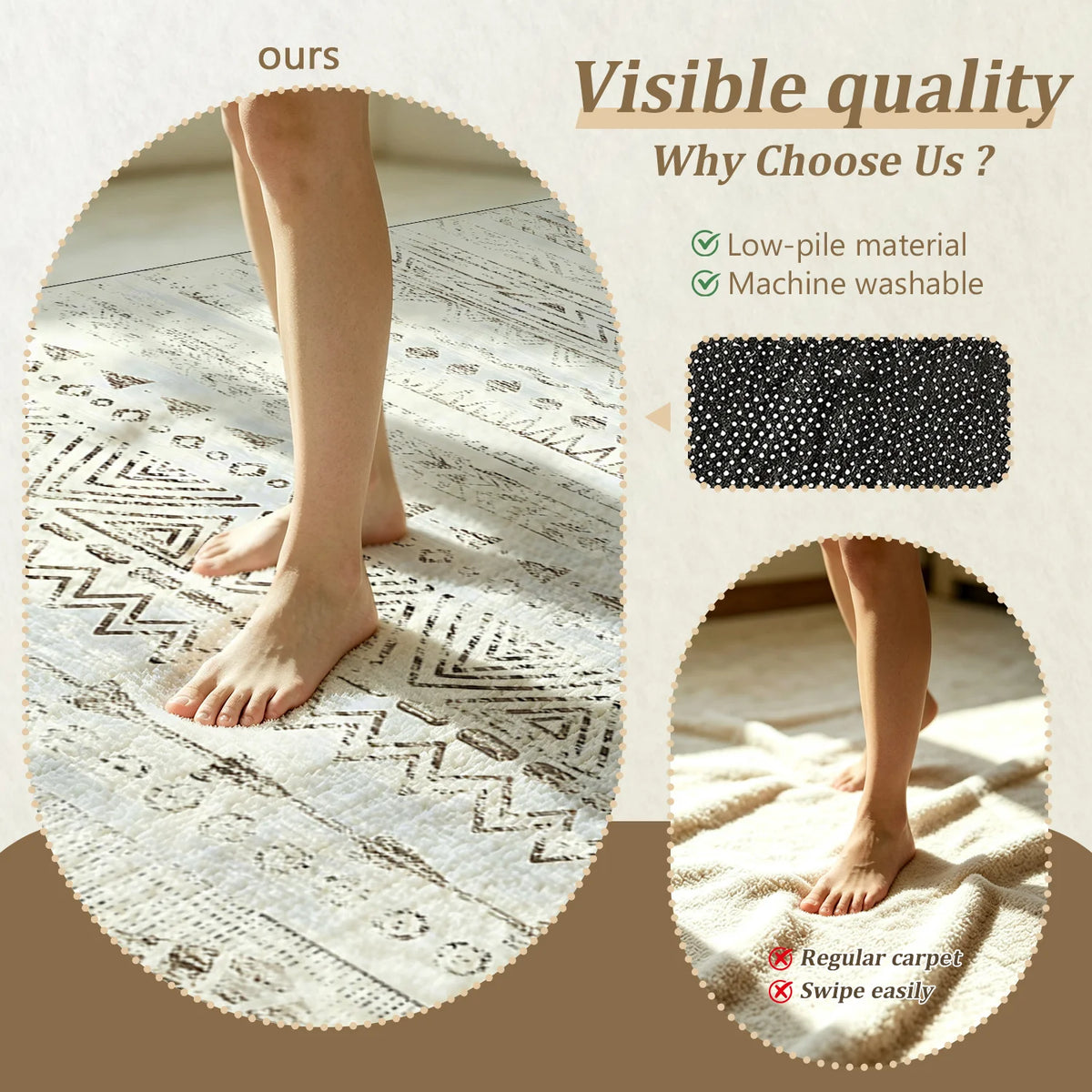 Soft Velvet Washable Tribal Geometric Indoor Area Rug with Non Slip Backing