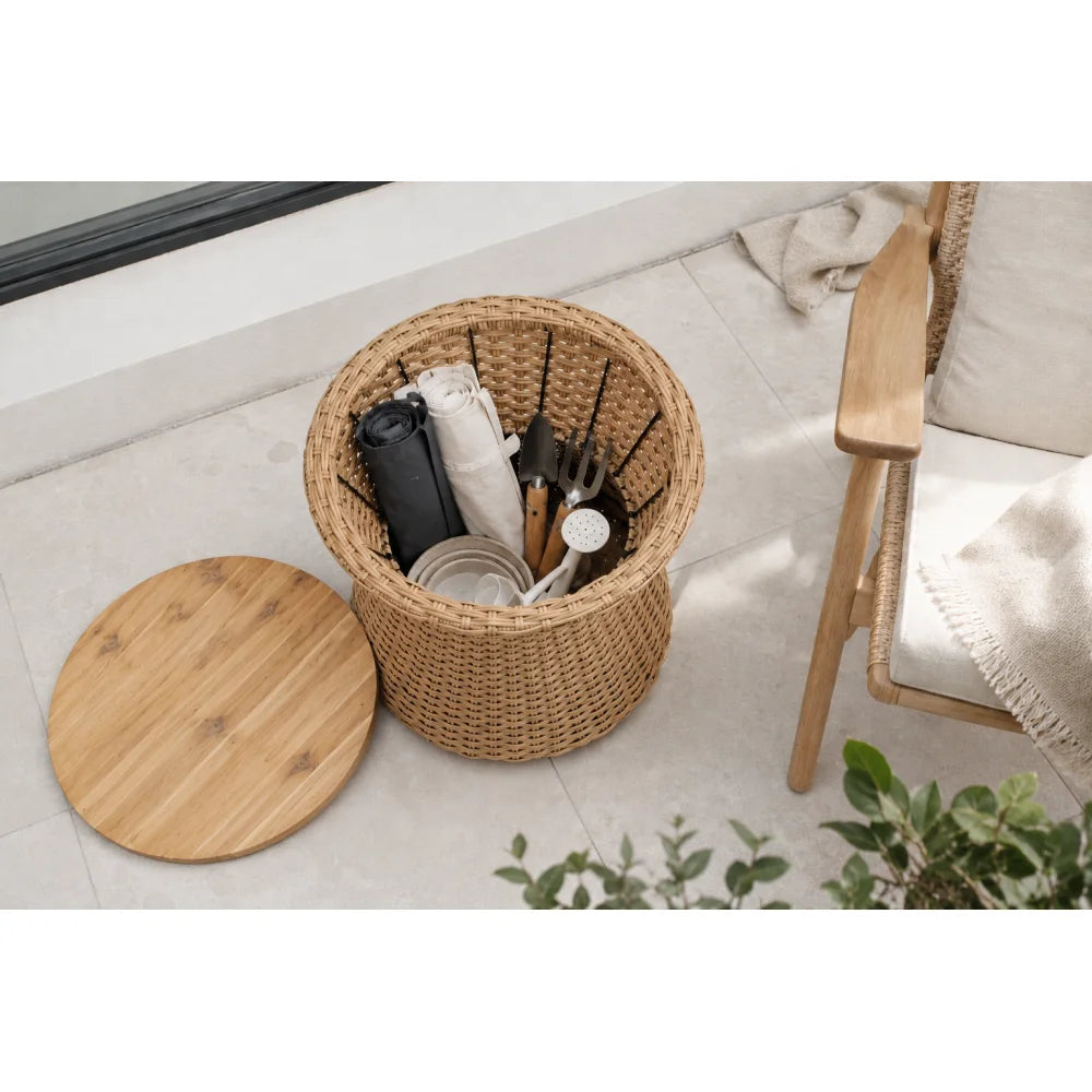Polyrattan Stool With Wood Lid Indoor Outdoor Accent Side Table