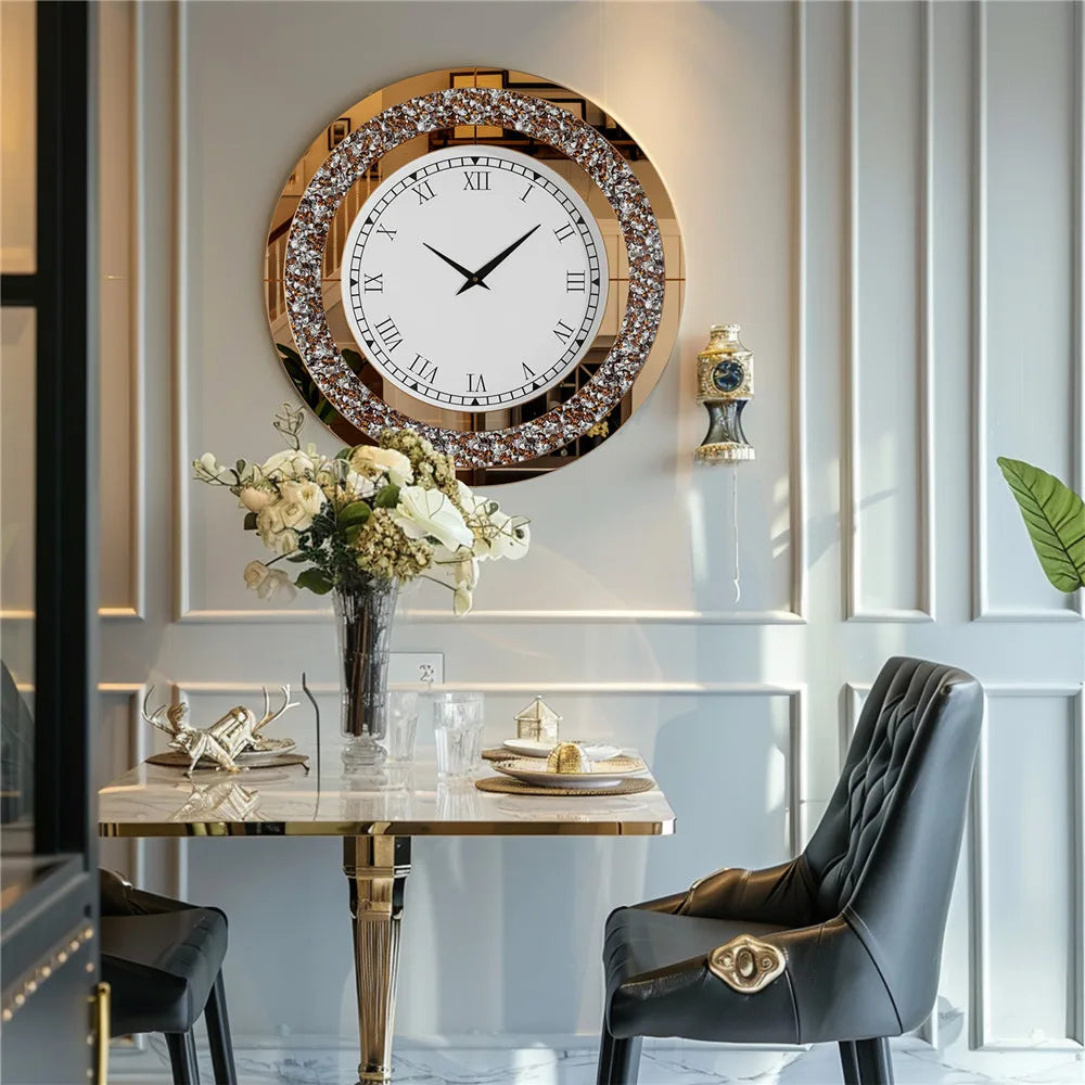 Luxury Mirrored Wall Clock With Crystal Accents Silent Quartz Movement