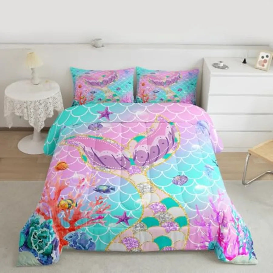 Mermaid Tail Fish Scale Comforter Set With Two Pillowcases