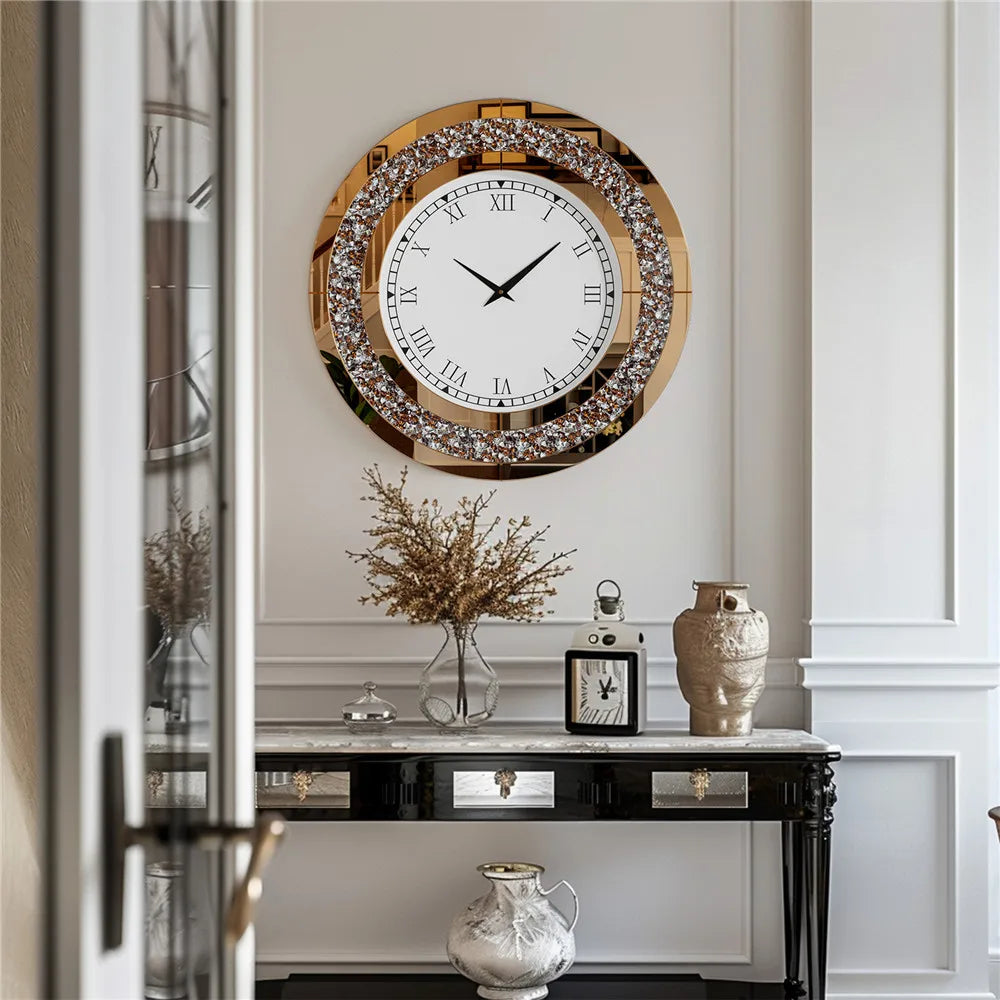 Luxury Mirrored Wall Clock With Crystal Accents Silent Quartz Movement