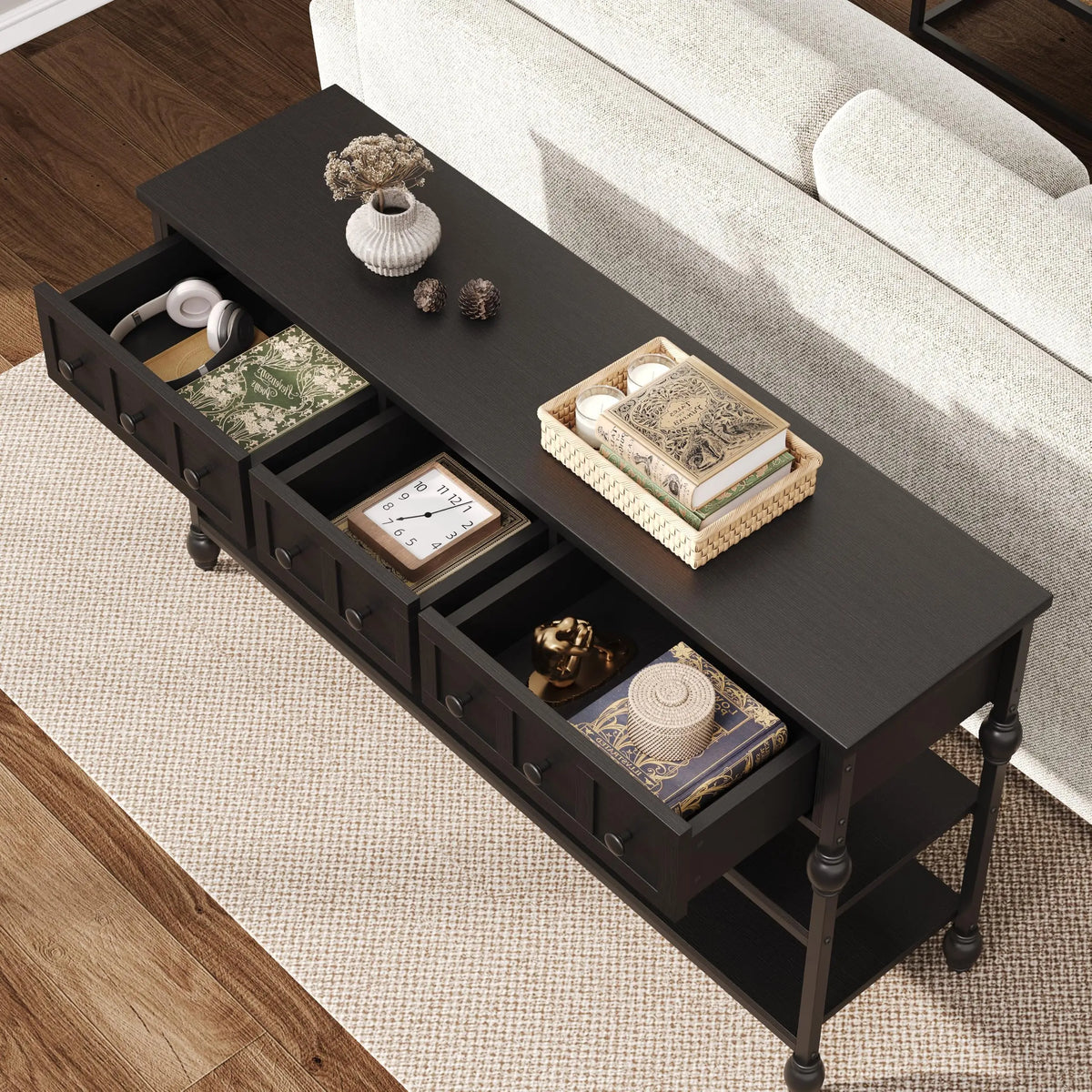 HiMISS Industrial Farmhouse Console Sofa Table With Drawers And Shelves