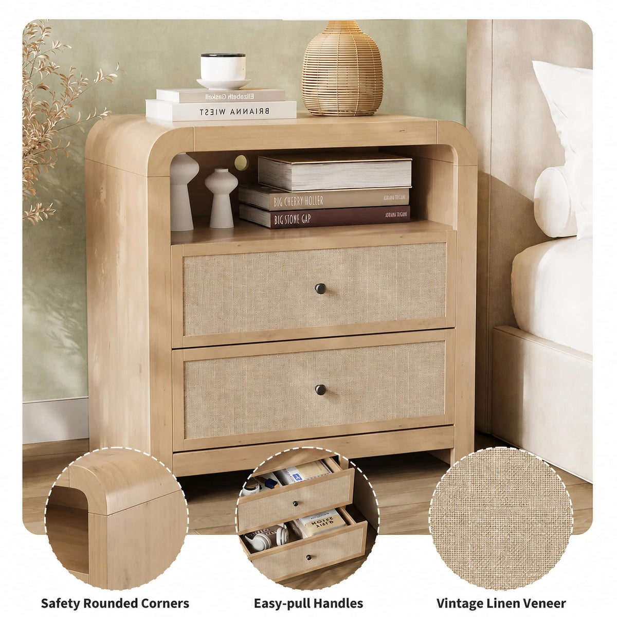 HiMISS Charging Nightstand With Two Drawers USB Ports And Outlets