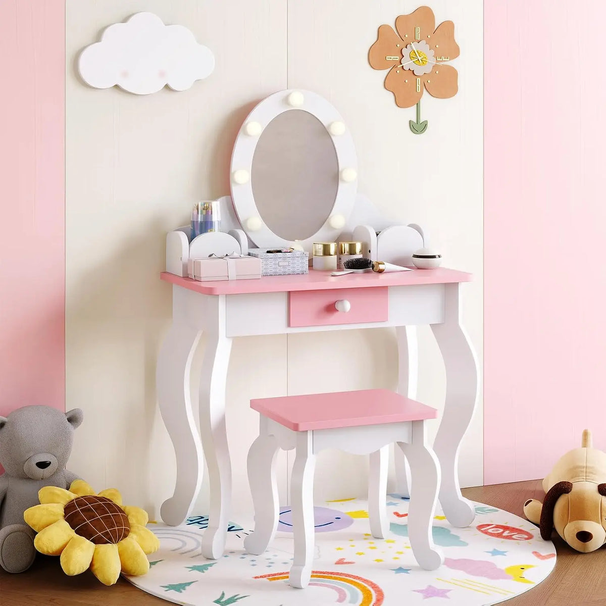 HiMISS Kids Wooden Vanity Set With Lighted Mirror And Storage