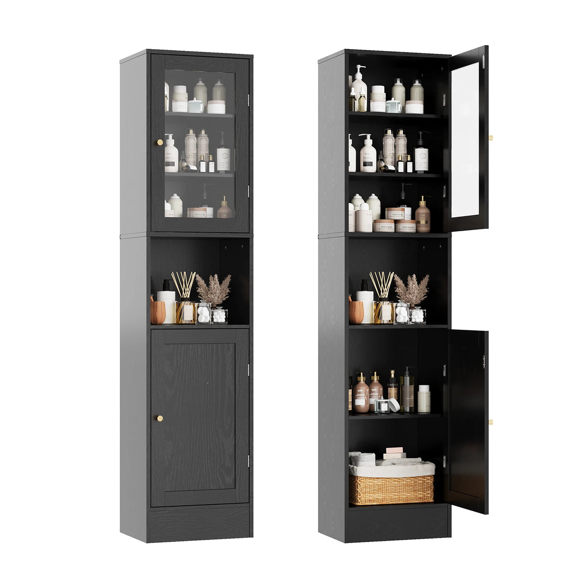HOSSLLY Slim Bathroom Cabinet With Glass Doors And Adjustable Shelves