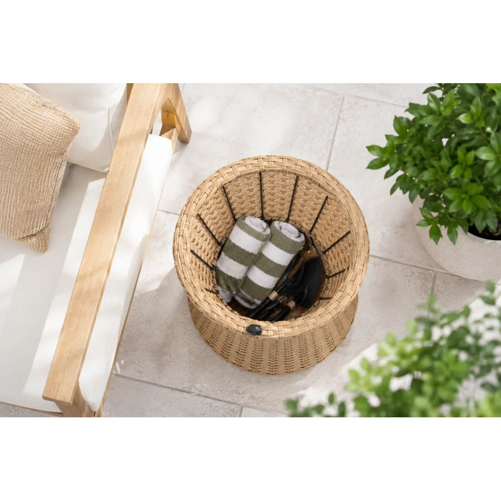 Polyrattan Stool With Wood Lid Indoor Outdoor Accent Side Table