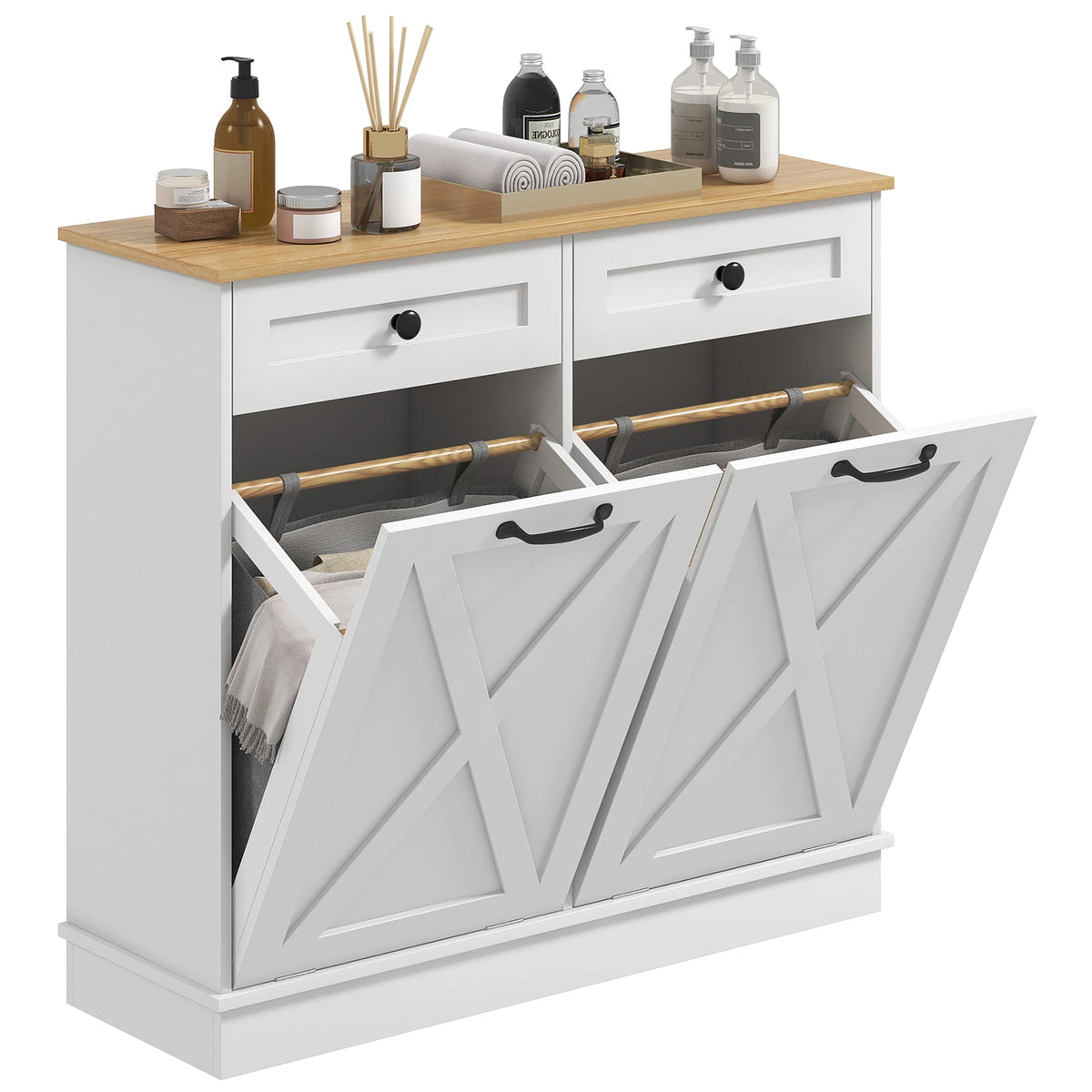 HOMCOM Double Tilt Out Laundry Hamper Cabinet With Removable Baskets