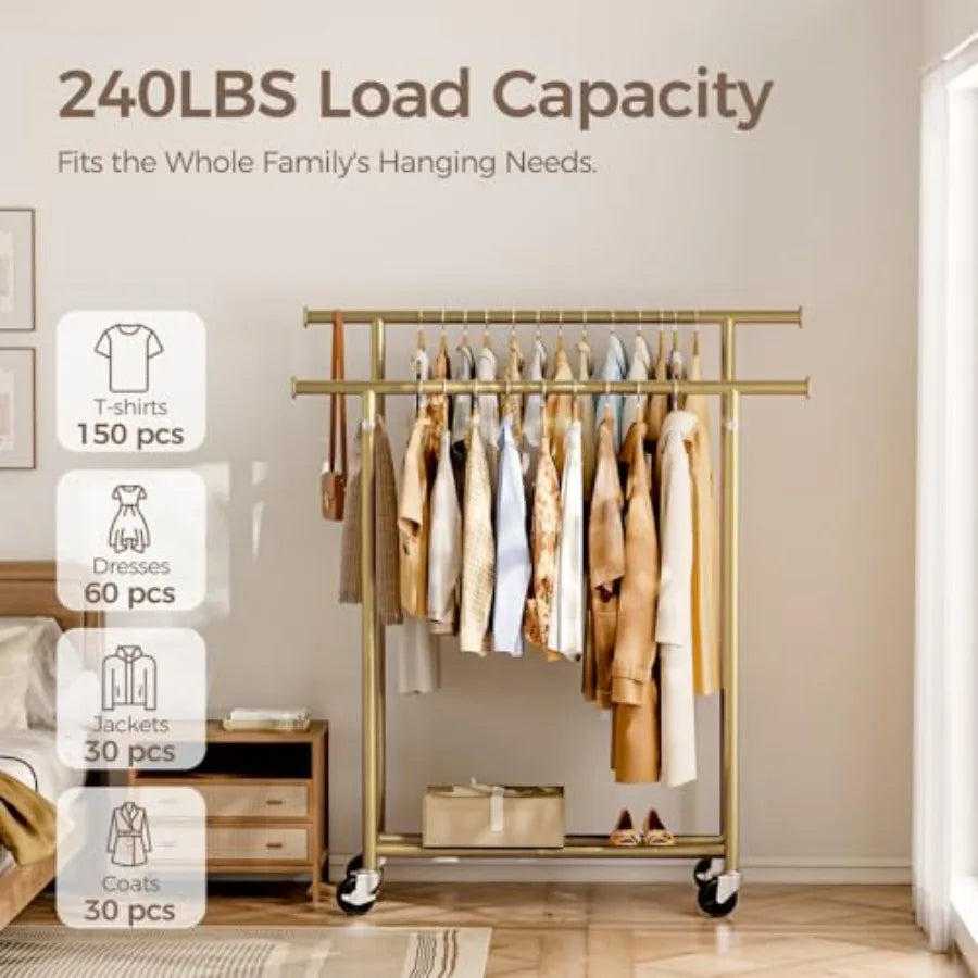 Rolling Double Rod Garment Rack With Wheels For Hanging Clothes