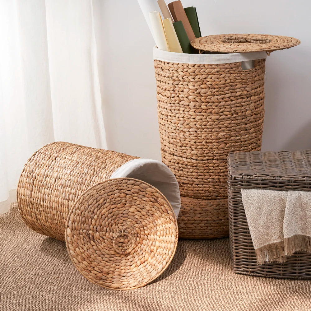 Water Hyacinth Woven Laundry Hamper With Lid And Removable Liner
