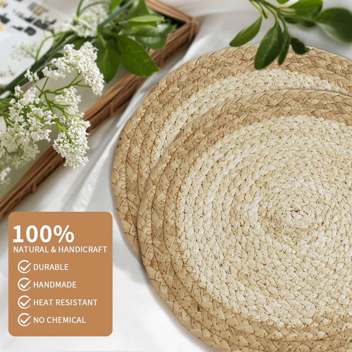 Set of 6 30cm Round Woven Placemats Wicker Rattan Handwoven Insulation Pad Boho Braided Natural Water Hyacinth Place Mats For Dining Home Wedding Party Decoration