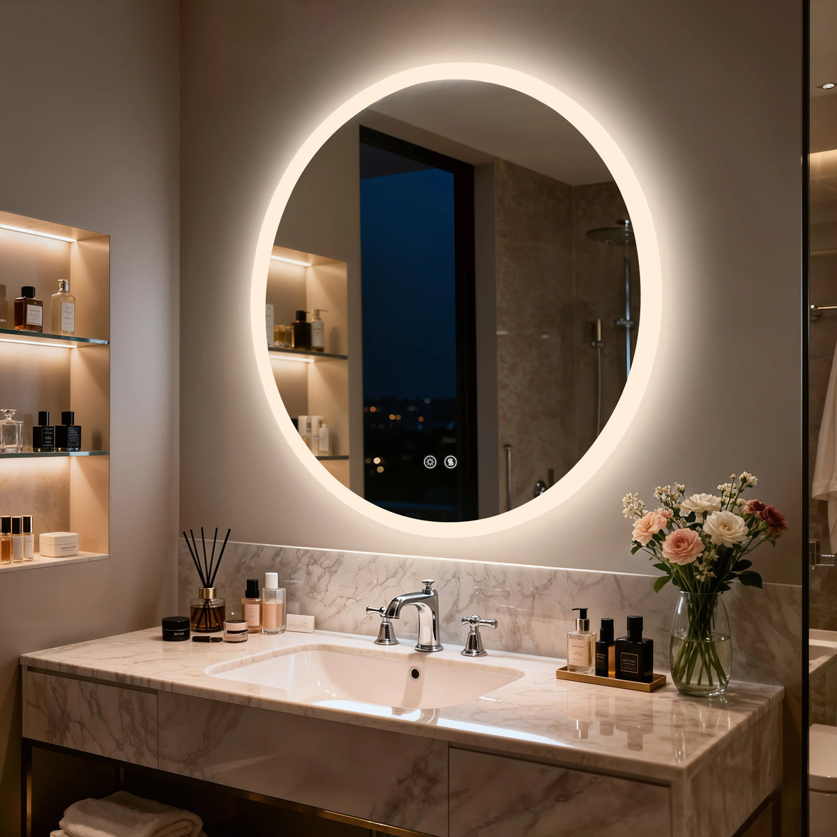 Round LED Bathroom Mirror With Anti Fog Dimmable Backlighting