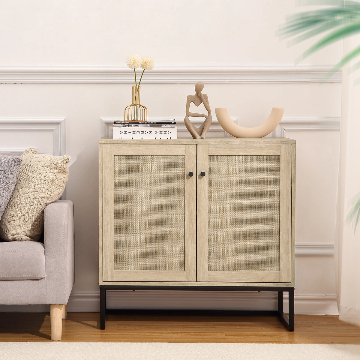 HiMISS Rattan Sideboard Buffet Cabinet With Adjustable Storage Shelves