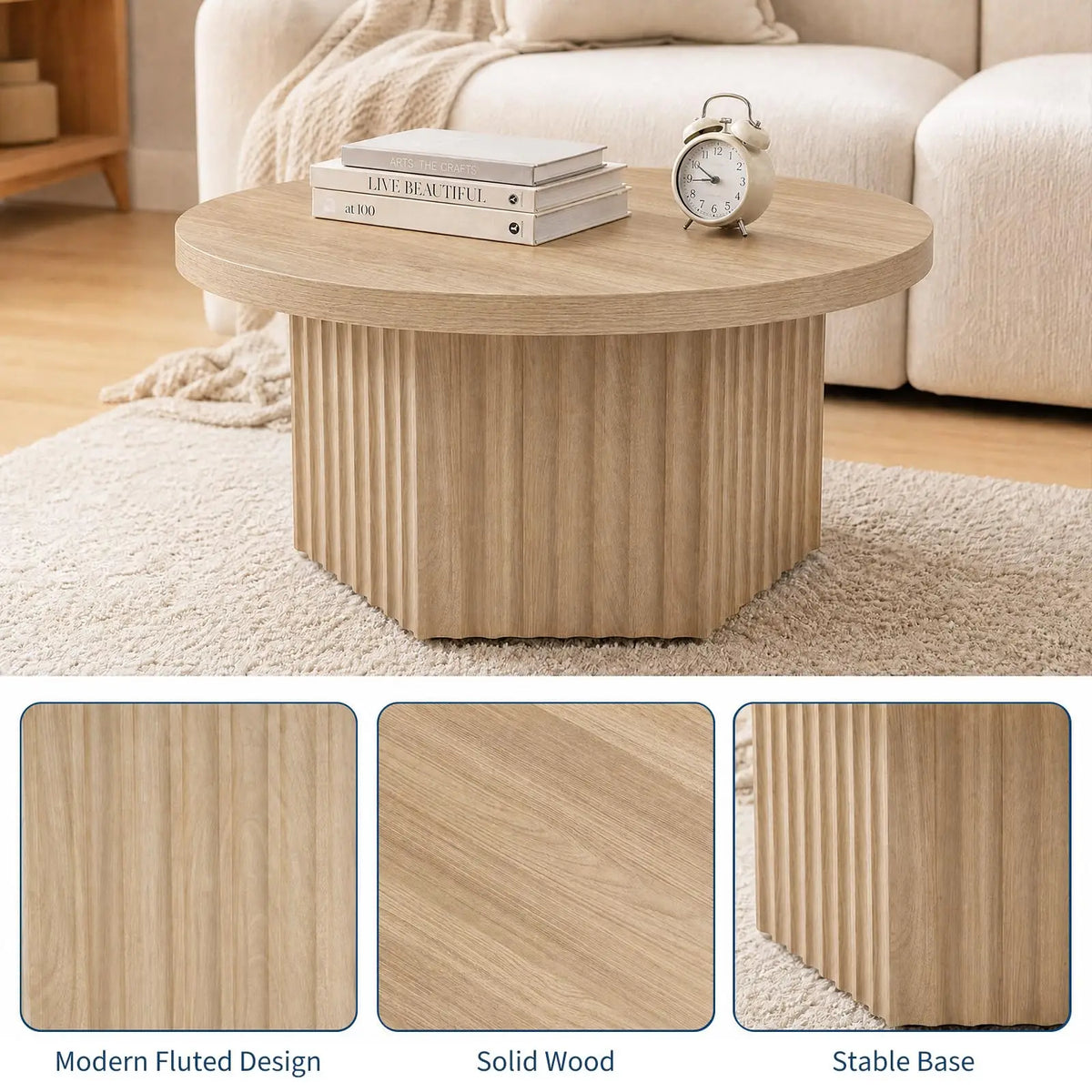 HiMISS Modern Fluted Wood Pedestal Coffee Table for Living Rooms