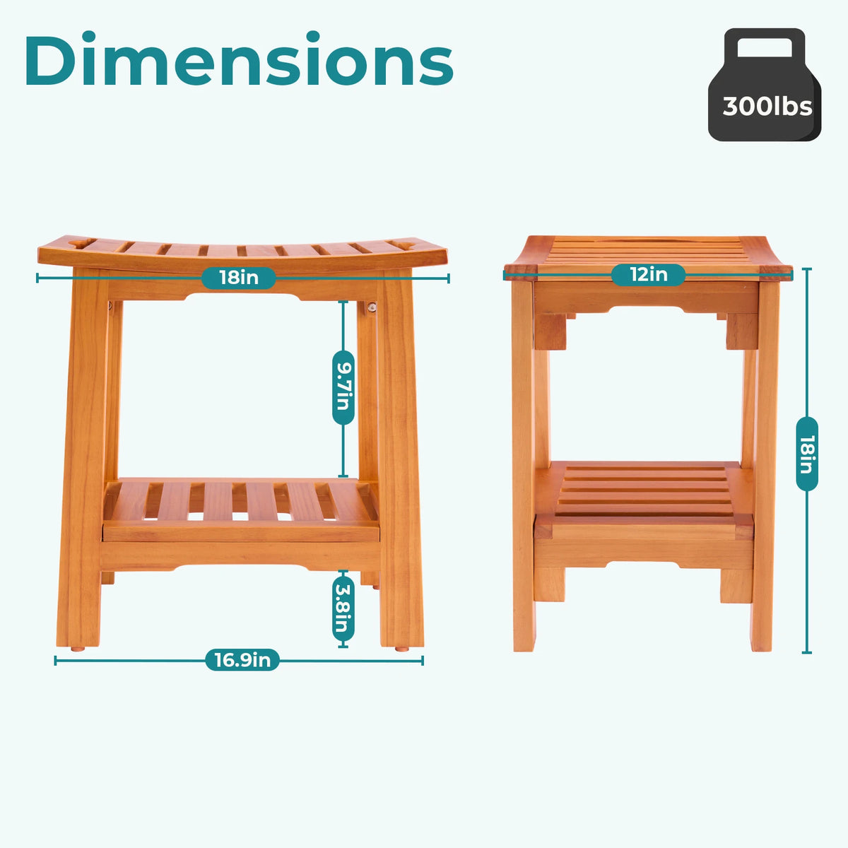 MCQ Wooden Shower Chair With Storage Shelf And Support Handles