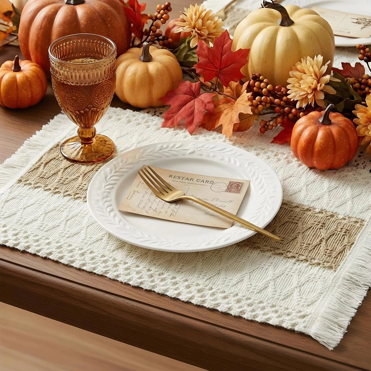 12 PCS Cotton Linen Placemats, Boho Beige Tassel Table Mats for Dining Table Farmhouse Decor