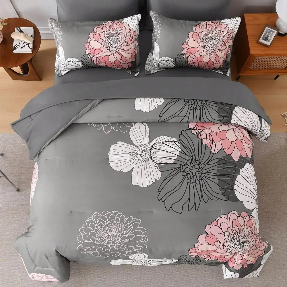 Floral Pattern Microfiber Seven Piece Comforter Set with Pillow Shams