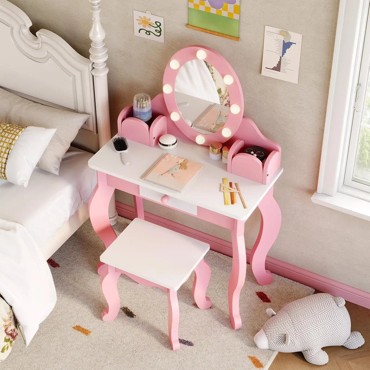 HiMISS Kids Wooden Vanity Set With Lighted Mirror And Storage
