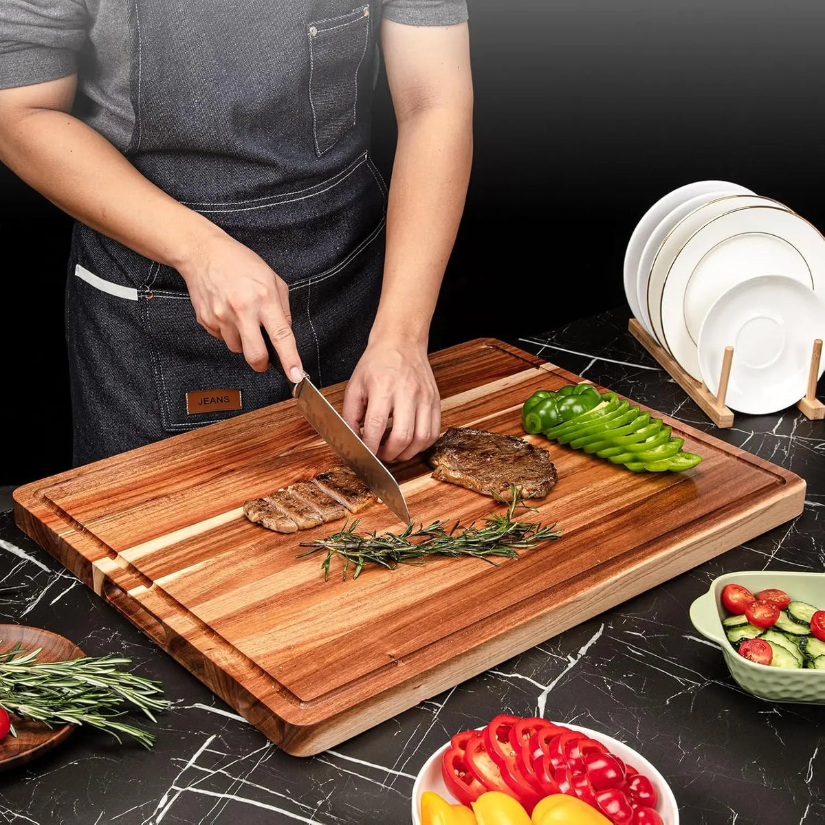 Kitchen Extra Large Wood Cutting Board with Juice Groove and Handle Reversible Charcuterie Butcher Block 24 x 18 x1.2 in