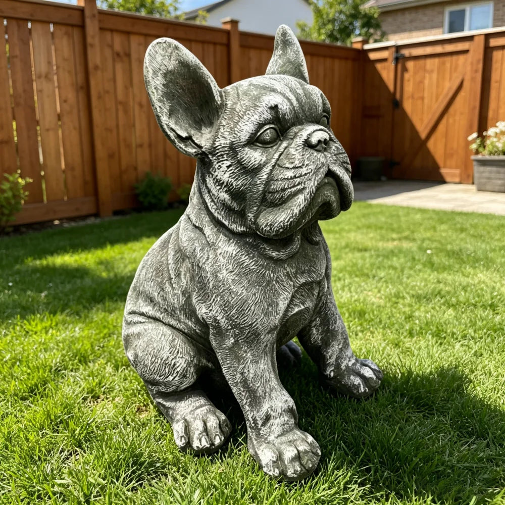 Outdoor French Bulldog Statue Rustic Stone Finish Garden Decor