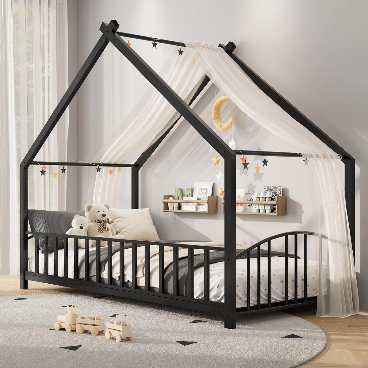 HiMISS Twin House Bed Frame With Safety Rails And Roof