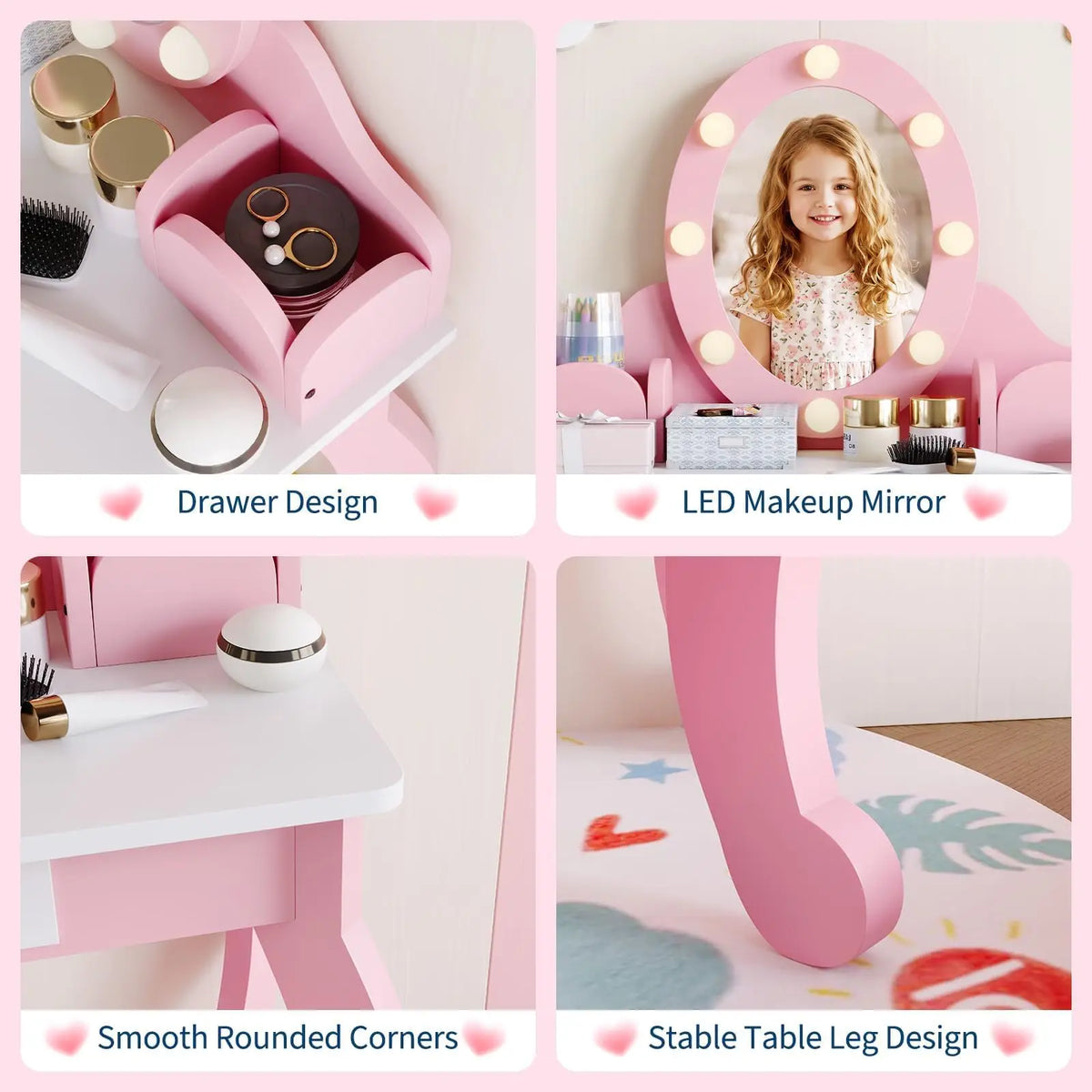 HiMISS Kids Wooden Vanity Set With Lighted Mirror And Storage
