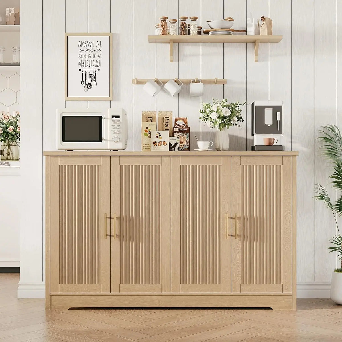 HiMISS Fluted Sideboard Cabinet With Adjustable Shelves And Wine Rack