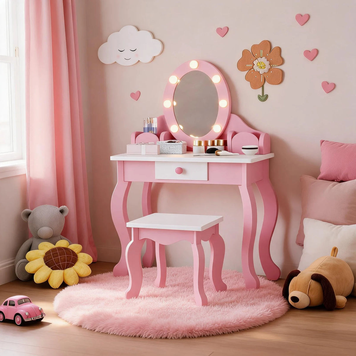 HiMISS Kids Wooden Vanity Set With Lighted Mirror And Storage