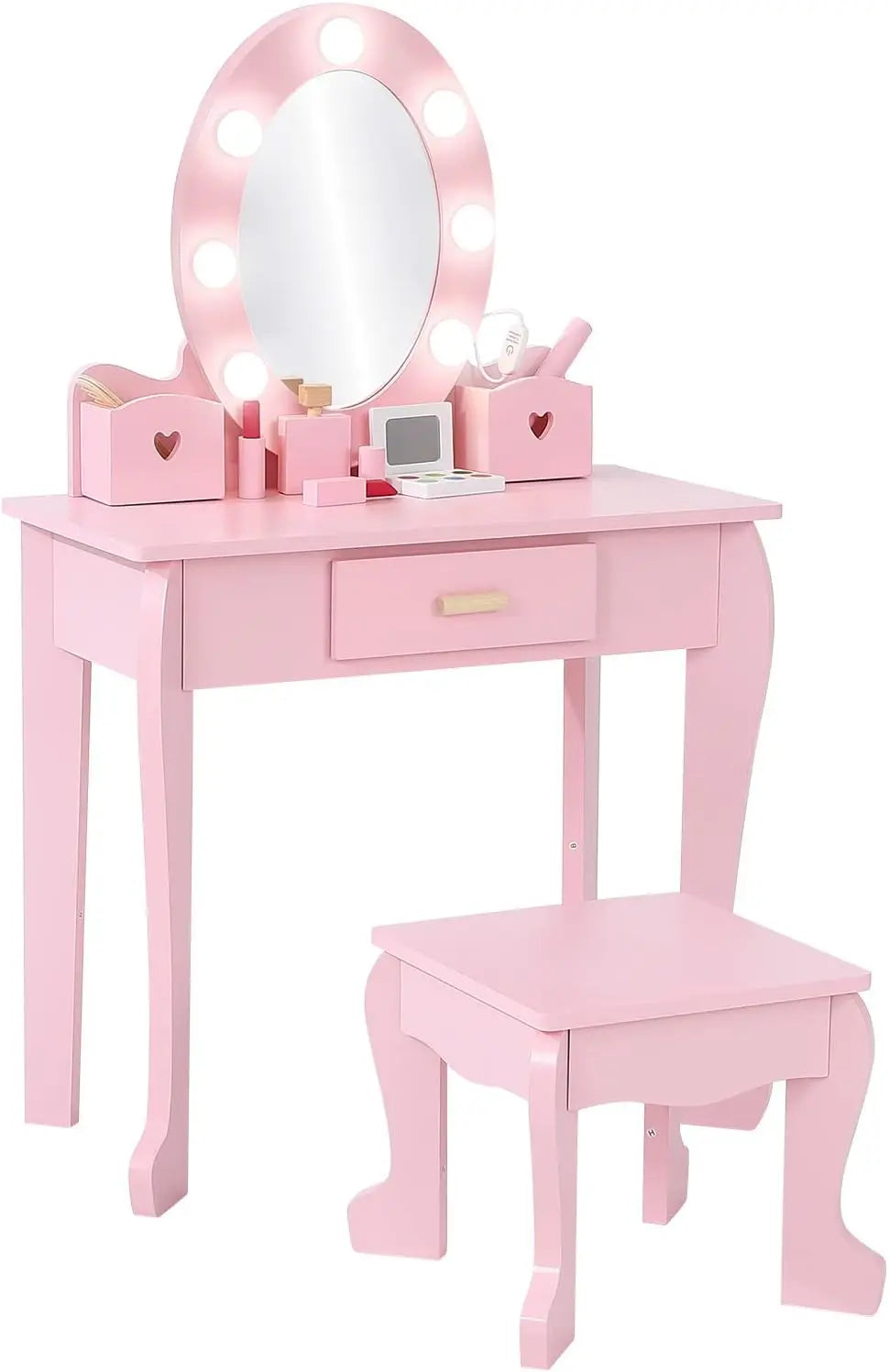 Kids Vanity Table and Stool Set with Light and Mirror for Children