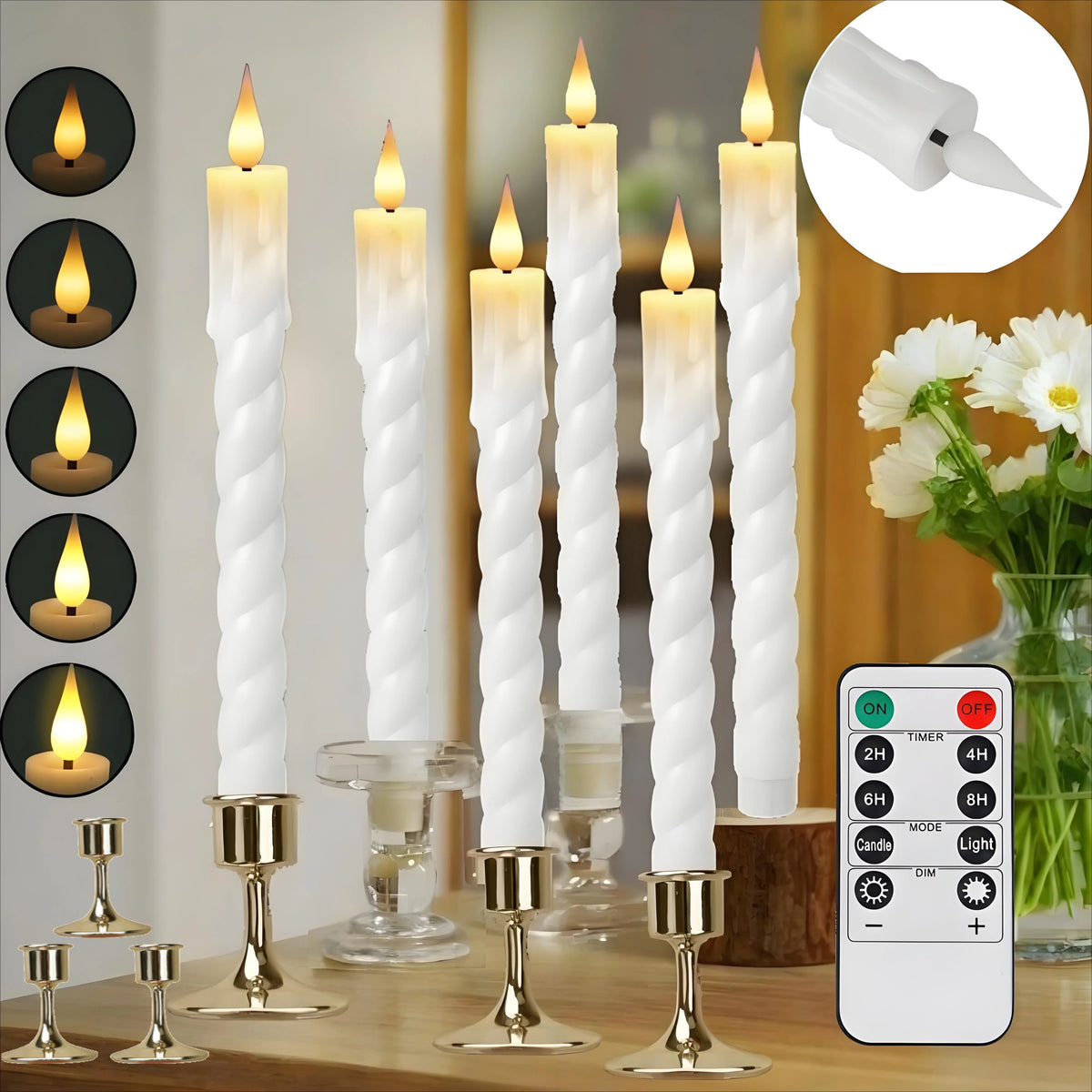 Flickering LED Taper Candles with Remote Timer&Lamp Holder 3D Flame Window Candle Candlestick for Halloween Christmas Home Decor