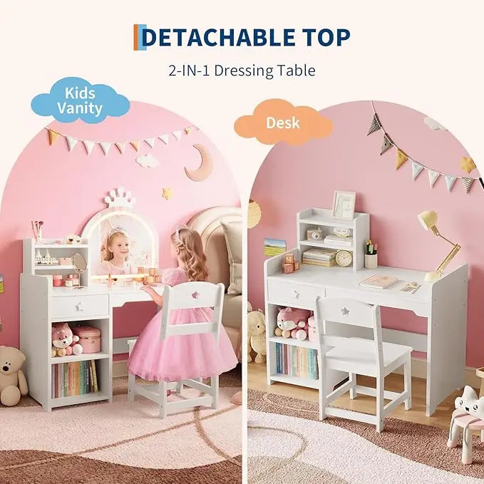 HiMISS Kids Vanity Desk With Lights And Chair For Girls