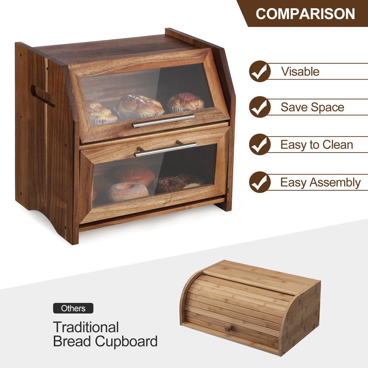Acacia Wood Bread Box for Kitchen Counter, Double-Layer Bread Storage Bin with Window, Large Capacity Food Storage Keeper for Bread, Pastries and Snacks