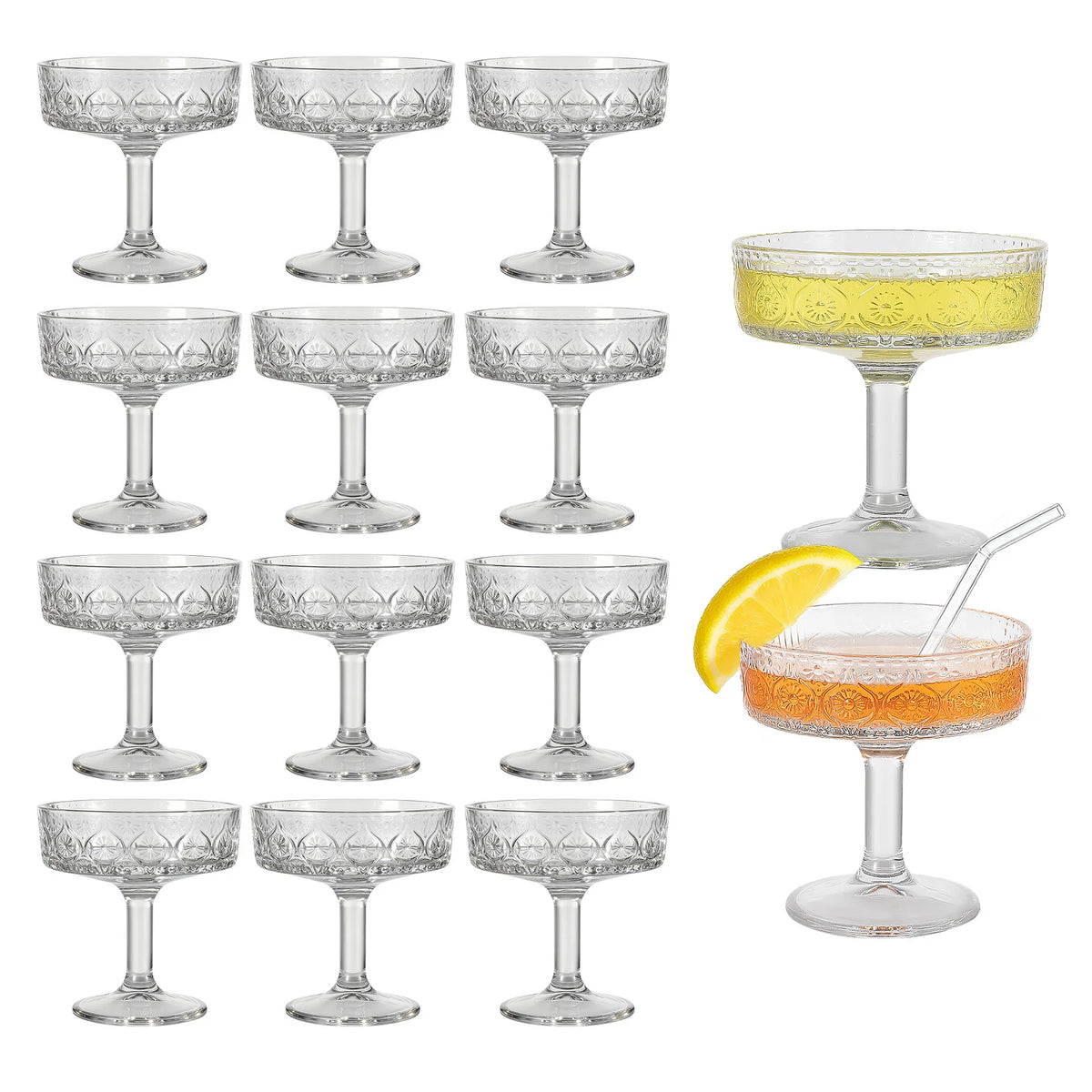 12 PCS Embossed Coupe Glasses, 5.4oz Lead-Free Crystal Cocktail Glasses for Martini Whiskey Dessert Embossed Coupe Glasses