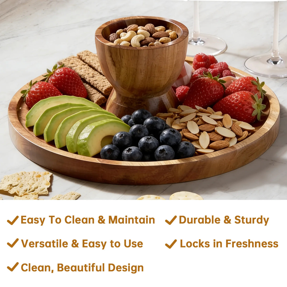 12inch Acacia Wood Cake Stand with Clear Lid, Round Wooden Dessert Display Plate, Food‑Grade Charcuterie Board for Party Wedding Bakery