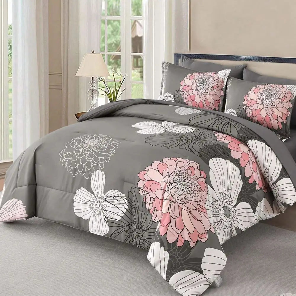 Floral Pattern Microfiber Seven Piece Comforter Set with Pillow Shams