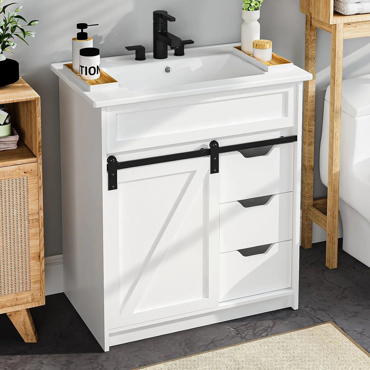 EVOKEDEN Farmhouse Bathroom Vanity With Sink And Barn Door Storage