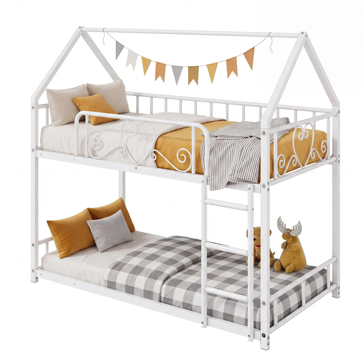 HiMISS House Style Metal Bunk Bed With Ladder And Guardrails