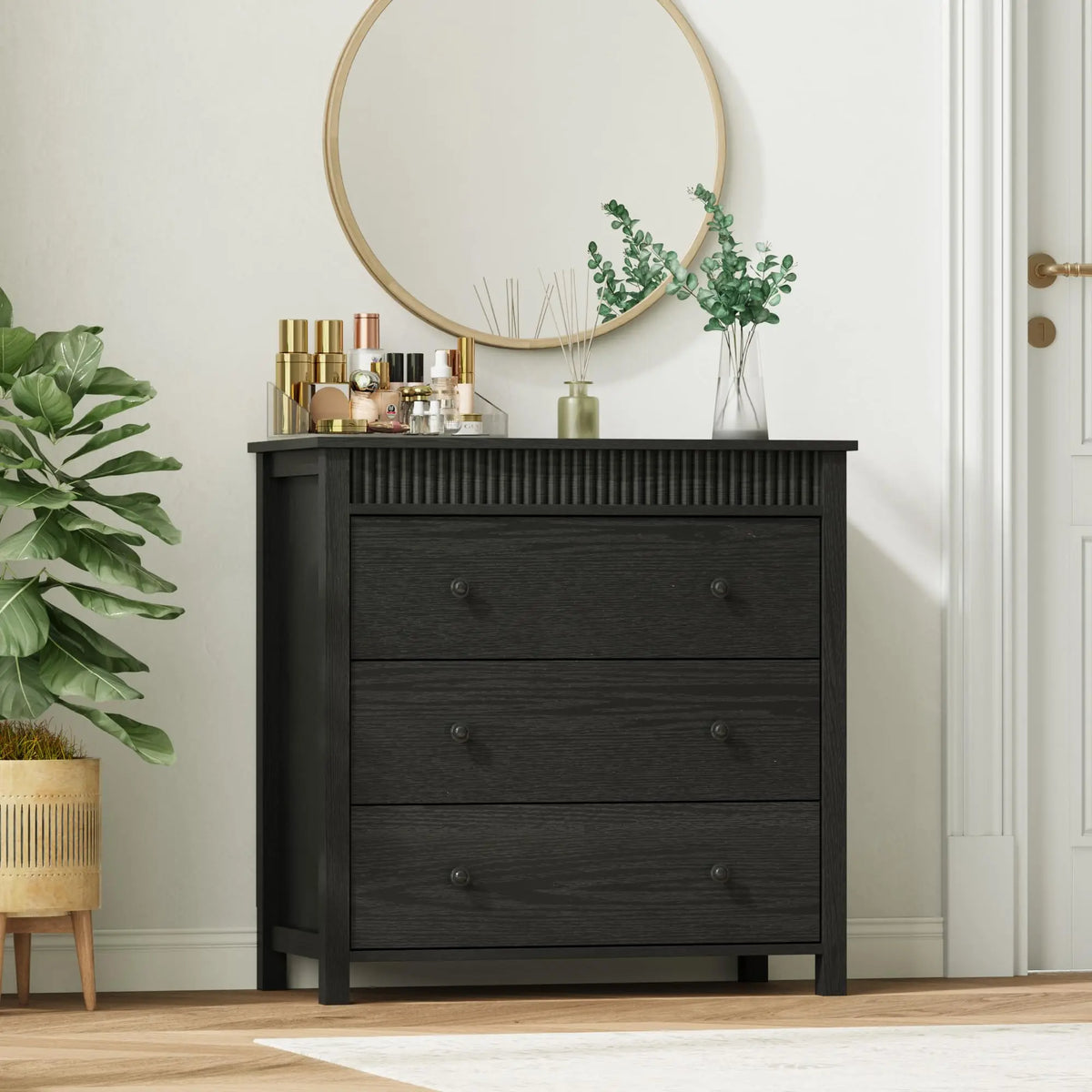 HiMISS Fluted Nightstand With Three Drawers For Bedroom Storage