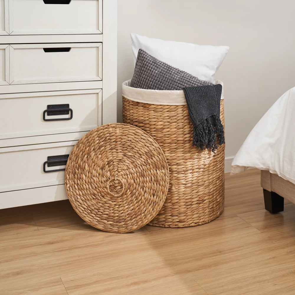 Water Hyacinth Woven Laundry Hamper With Lid And Removable Liner