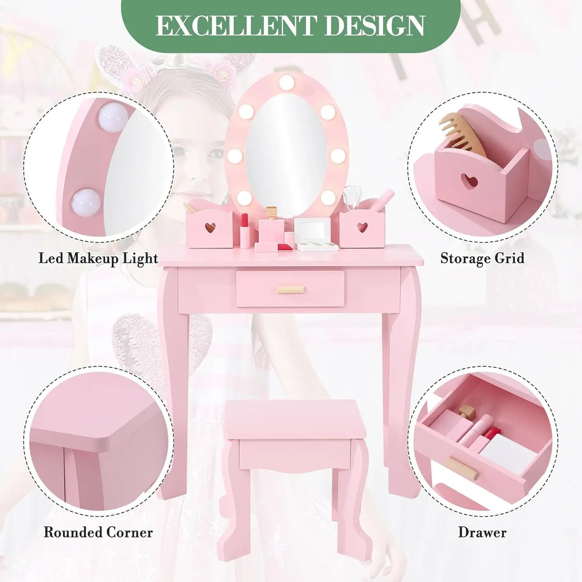 Kids Vanity Table and Stool Set with Light and Mirror for Children