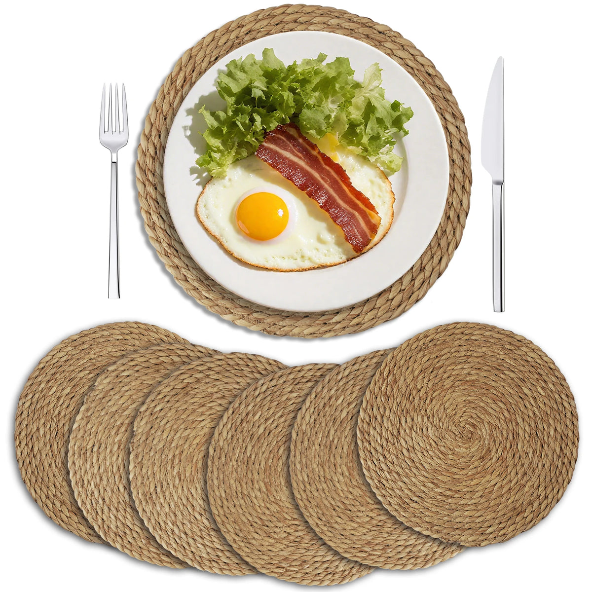 Set of 6 30cm Round Woven Placemats Wicker Rattan Handwoven Insulation Pad Boho Braided Natural Water Hyacinth Place Mats For Dining Home Wedding Party Decoration
