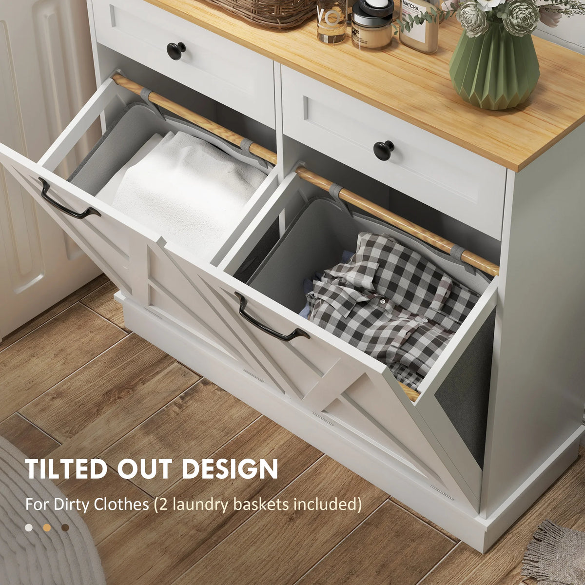 HOMCOM Double Tilt Out Laundry Hamper Cabinet With Removable Baskets